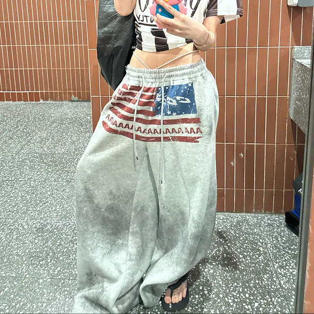 JZWSTUDIO Vintage Letter Flag Wide Leg Sweatpants