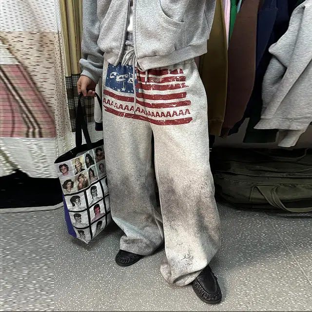 JZWSTUDIO Vintage Letter Flag Wide Leg Sweatpants