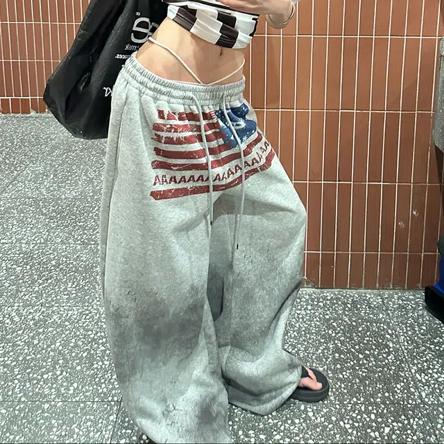 JZWSTUDIO Vintage Letter Flag Wide Leg Sweatpants