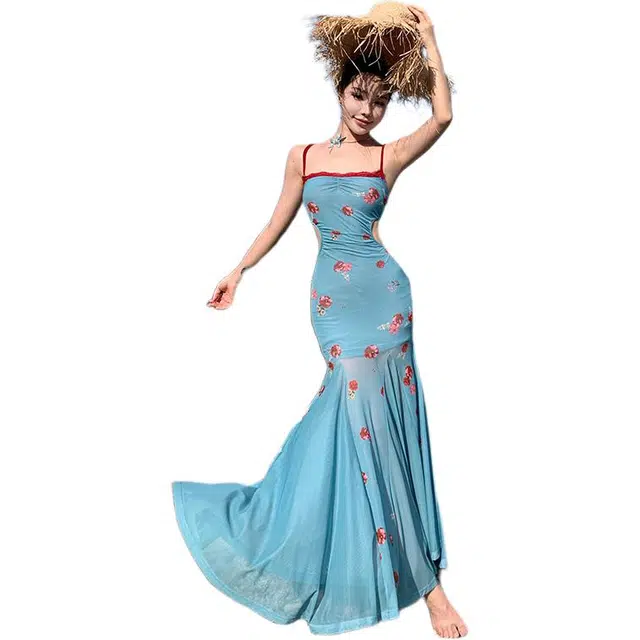 黛尔佳人 尼罗河花园海边度假蕾丝夏收腰显瘦包臀裙长裙吊带连衣裙 女款