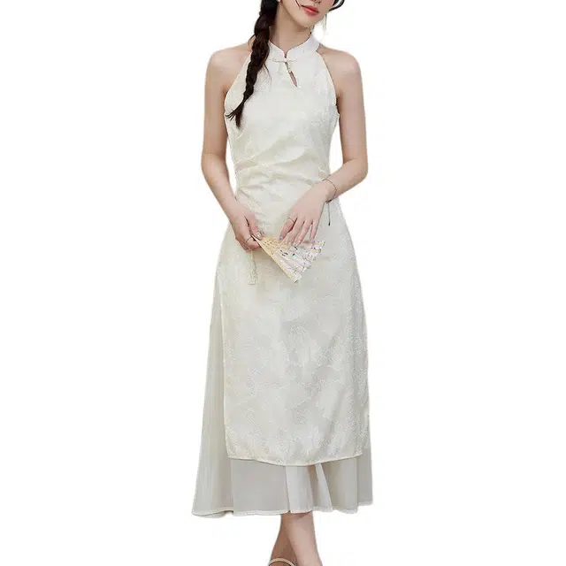 黛尔佳人 海边新疆度假穿搭新中式国风气质提花旗袍女春挂脖两件套无袖连衣裙 女款