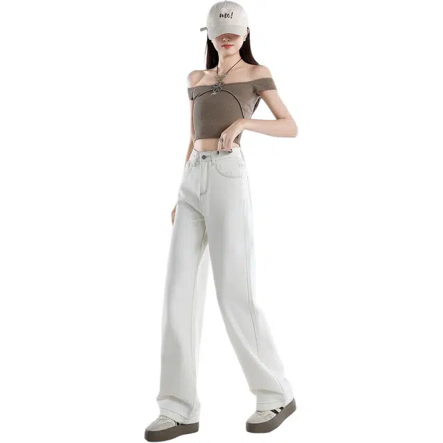 黛尔佳人 阔腿裤高腰宽松垂感直筒休闲裤子牛仔裤 女款