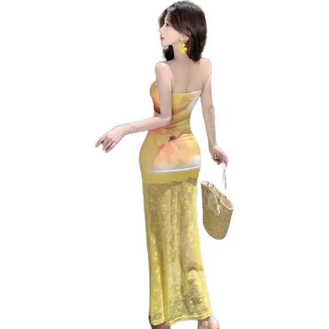 黛尔佳人 设计感多巴胺度假风蕾丝薄纱鱼尾裙落日晚霞印花抹胸上衣套装长裙无袖连衣裙 女款