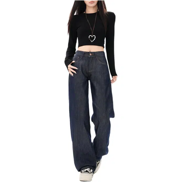黛尔佳人 美式高腰女秋季宽松显瘦阔腿直筒垂感拖地裤牛仔裤 女款