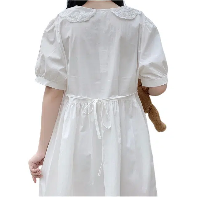 黛尔佳人 泡泡袖中长款森系气质小裙子短袖连衣裙 女款