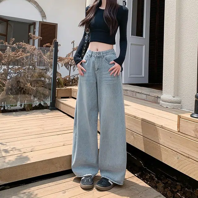 黛尔佳人 美式辣妹水洗裤女秋高腰宽松直筒阔腿长裤子牛仔裤 女款