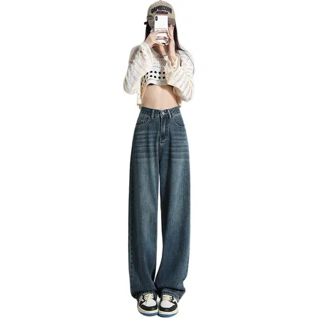 黛尔佳人 阔腿女春季宽松高腰垂感百搭拖地裤显瘦直筒长裤子牛仔裤 女款