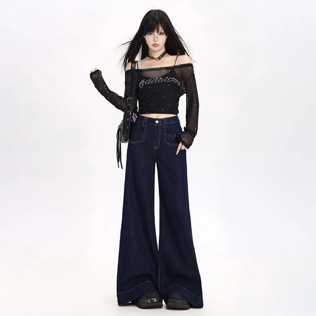 黛尔佳人 阔腿裤女高腰垂感宽松显瘦百搭拖地直筒长裤牛仔裤 女款