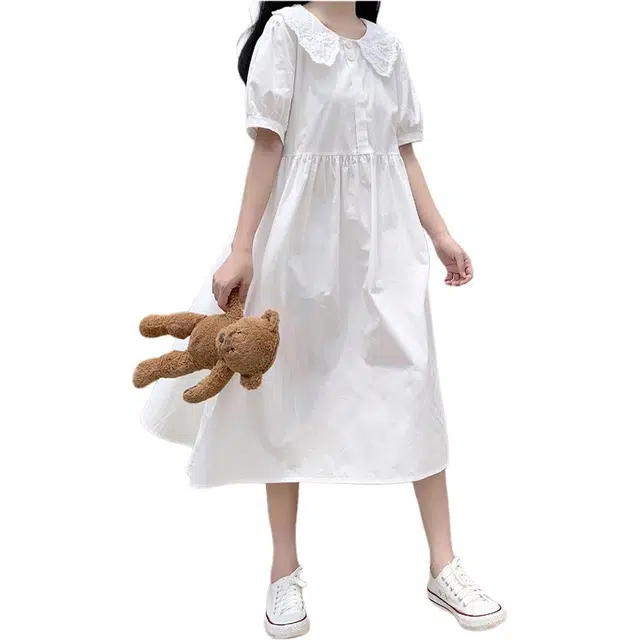 黛尔佳人 泡泡袖中长款森系气质小裙子短袖连衣裙 女款