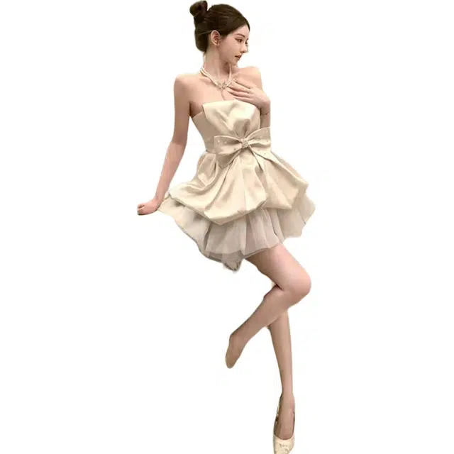 黛尔佳人 精灵舞会~蝴蝶结抹胸小礼裙压褶肌理感生日花苞短裙无袖连衣裙 女款