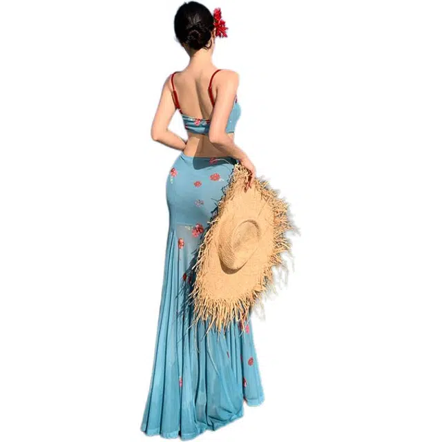 黛尔佳人 尼罗河花园海边度假蕾丝夏收腰显瘦包臀裙长裙吊带连衣裙 女款