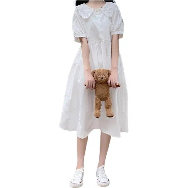 黛尔佳人 泡泡袖中长款森系气质小裙子短袖连衣裙 女款