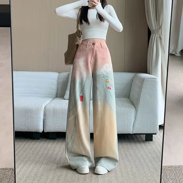 黛尔佳人 印花女甜美水洗休闲高腰宽松显瘦直筒阔腿裤牛仔裤 女款