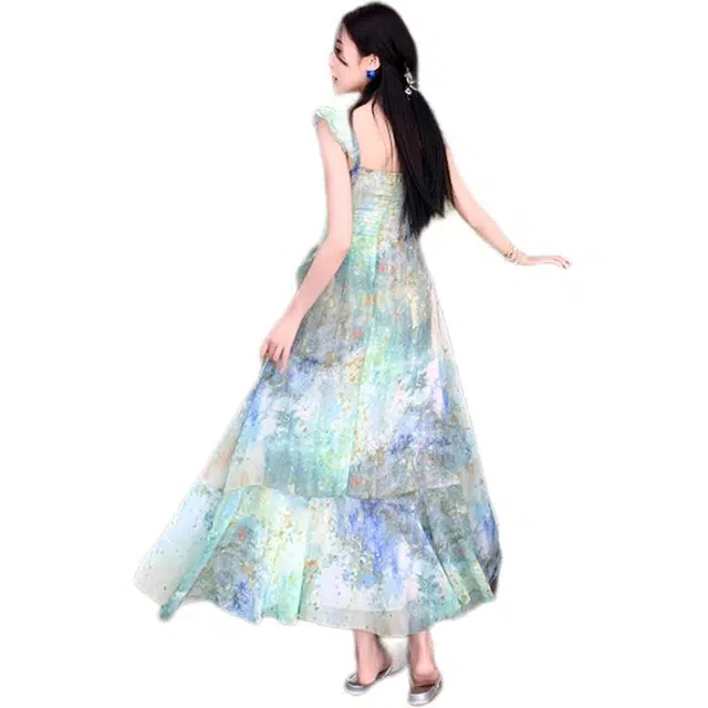 黛尔佳人 气质印花长裙百搭无袖吊带连衣裙 女款