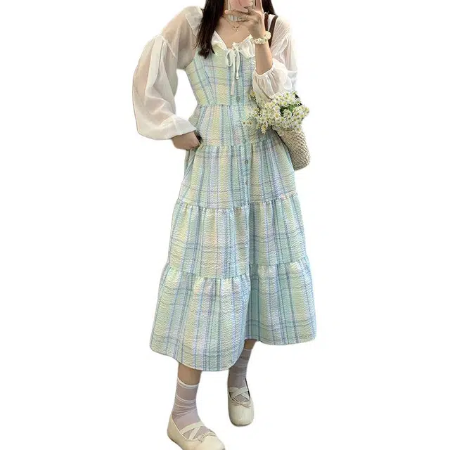 黛尔佳人 度假海边拍照长裙日系甜美小清新显瘦格子背心子女夏季吊带连衣裙 女款