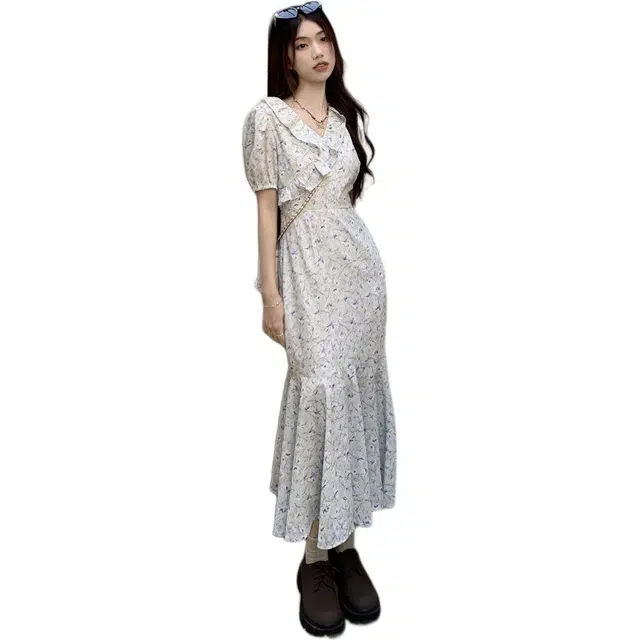 黛尔佳人 夏季初恋气质时尚温柔法式碎花短袖连衣裙 女款