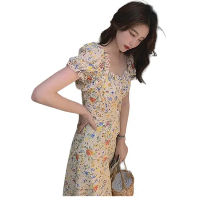 黛尔佳人 甜美温柔印花油画碎花桔梗短袖连衣裙 女款