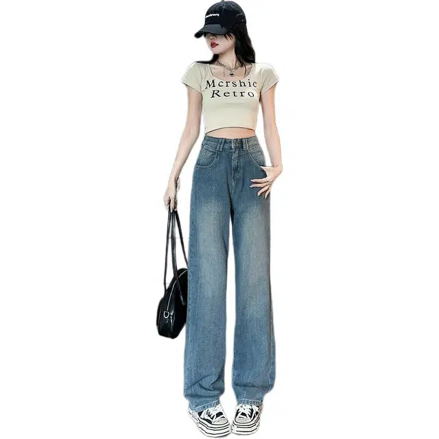 黛尔佳人 爆款高街星空纹阔腿女秋复古高腰显瘦直筒牛仔裤 女款