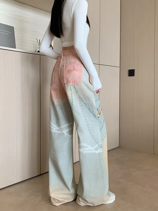 黛尔佳人 印花女甜美水洗休闲高腰宽松显瘦直筒阔腿裤牛仔裤 女款