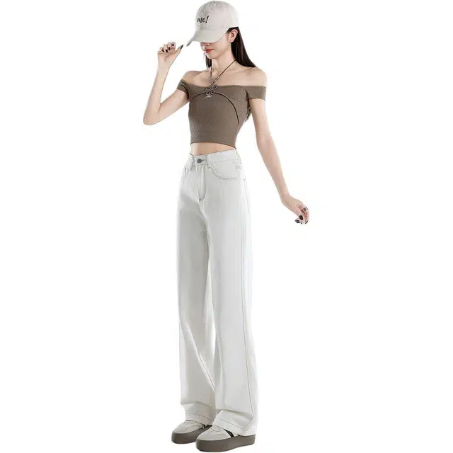 黛尔佳人 阔腿裤高腰宽松垂感直筒休闲裤子牛仔裤 女款