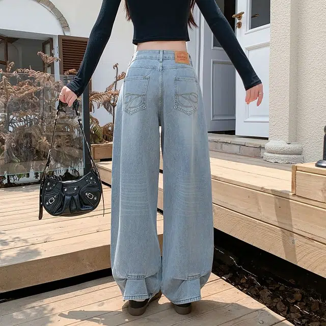 黛尔佳人 美式辣妹水洗裤女秋高腰宽松直筒阔腿长裤子牛仔裤 女款