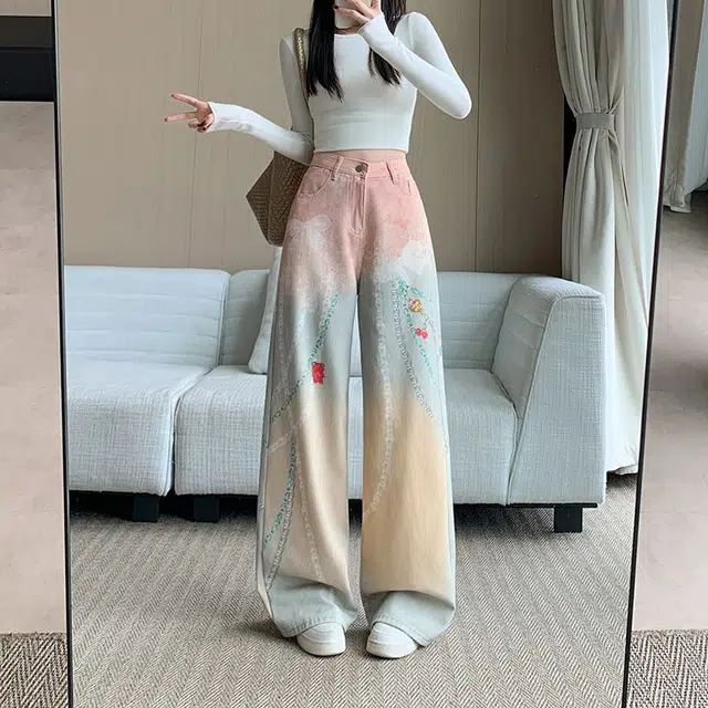 黛尔佳人 印花女甜美水洗休闲高腰宽松显瘦直筒阔腿裤牛仔裤 女款