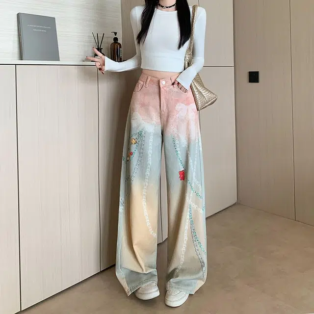 黛尔佳人 印花女甜美水洗休闲高腰宽松显瘦直筒阔腿裤牛仔裤 女款