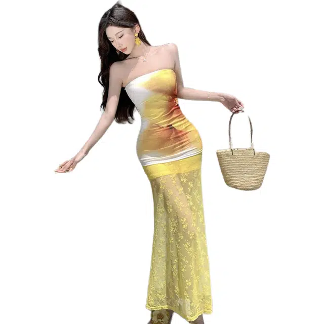 黛尔佳人 设计感多巴胺度假风蕾丝薄纱鱼尾裙落日晚霞印花抹胸上衣套装长裙无袖连衣裙 女款