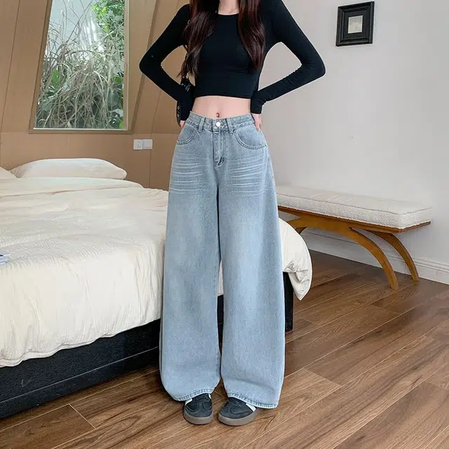 黛尔佳人 美式辣妹水洗裤女秋高腰宽松直筒阔腿长裤子牛仔裤 女款