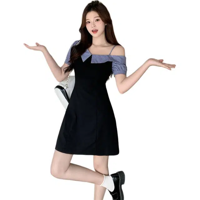 黛尔佳人 设计感拼接假两件洋气短袖连衣裙 女款