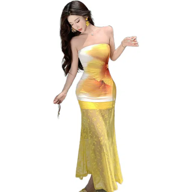 黛尔佳人 设计感多巴胺度假风蕾丝薄纱鱼尾裙落日晚霞印花抹胸上衣套装长裙无袖连衣裙 女款