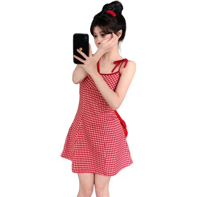 黛尔佳人 甜酷系叠穿裙子红色格纹短款吊带连衣裙 女款