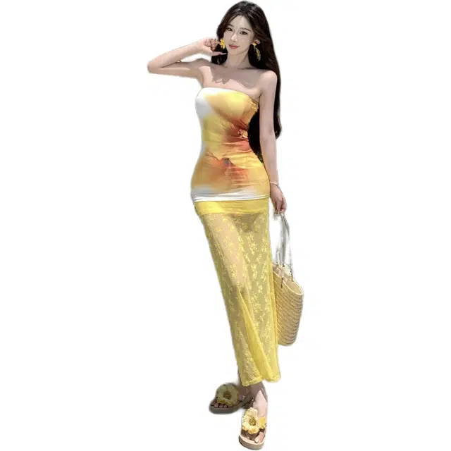 黛尔佳人 设计感多巴胺度假风蕾丝薄纱鱼尾裙落日晚霞印花抹胸上衣套装长裙无袖连衣裙 女款