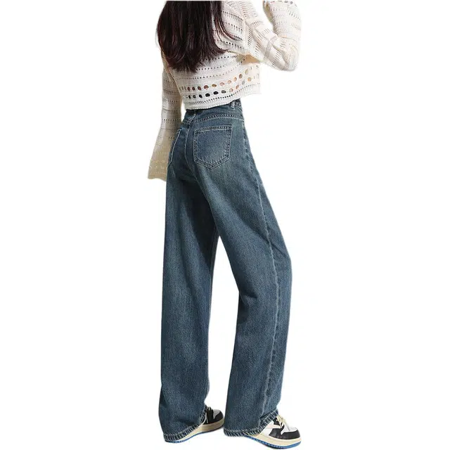 黛尔佳人 阔腿女春季宽松高腰垂感百搭拖地裤显瘦直筒长裤子牛仔裤 女款