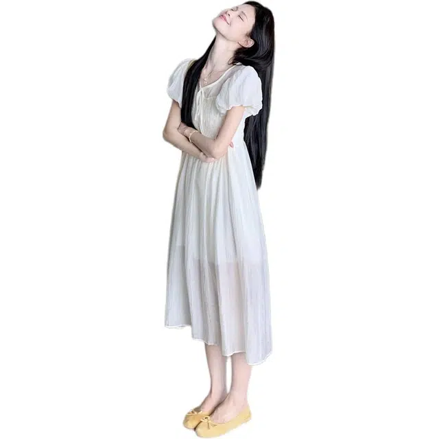 黛尔佳人 温柔风小清新法式系带泡泡袖女装夏季超仙天丝裙短袖连衣裙 女款