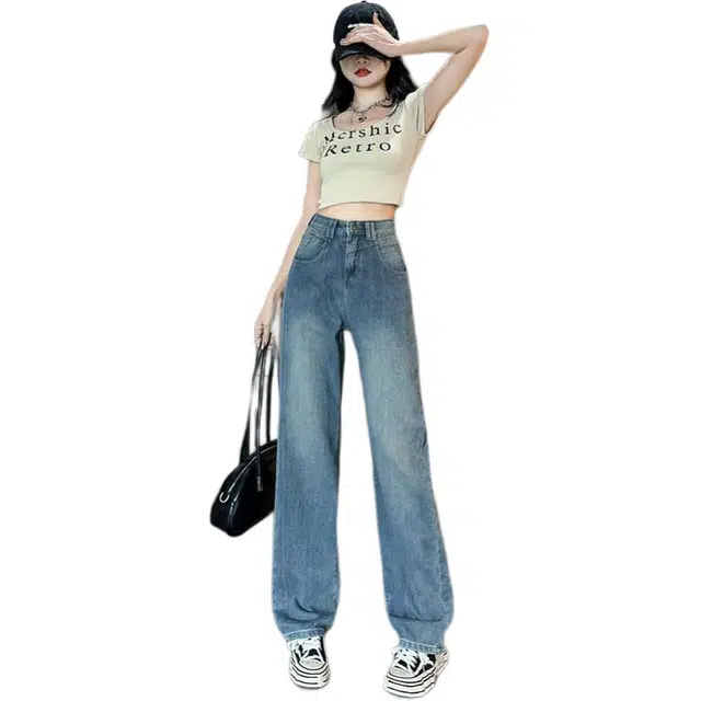 黛尔佳人 爆款高街星空纹阔腿女秋复古高腰显瘦直筒牛仔裤 女款