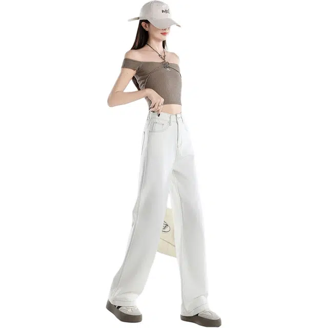 黛尔佳人 阔腿裤高腰宽松垂感直筒休闲裤子牛仔裤 女款