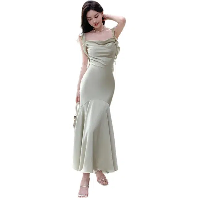 黛尔佳人 吊带缎面气质仙女鱼尾纯欲宴会长裙子无袖连衣裙 女款