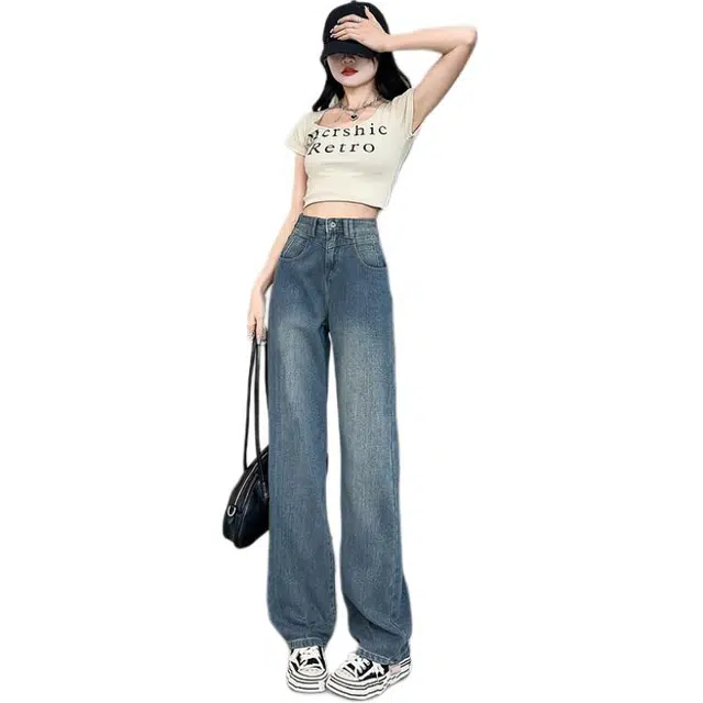 黛尔佳人 爆款高街星空纹阔腿女秋复古高腰显瘦直筒牛仔裤 女款