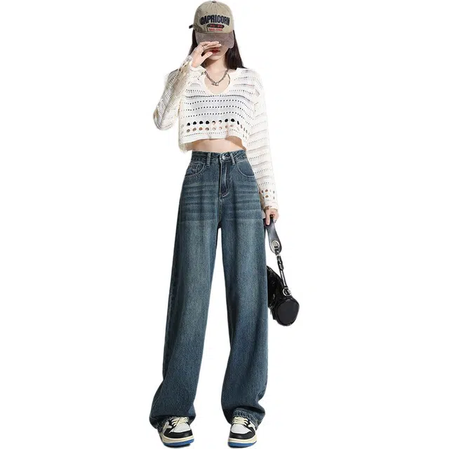 黛尔佳人 阔腿女春季宽松高腰垂感百搭拖地裤显瘦直筒长裤子牛仔裤 女款