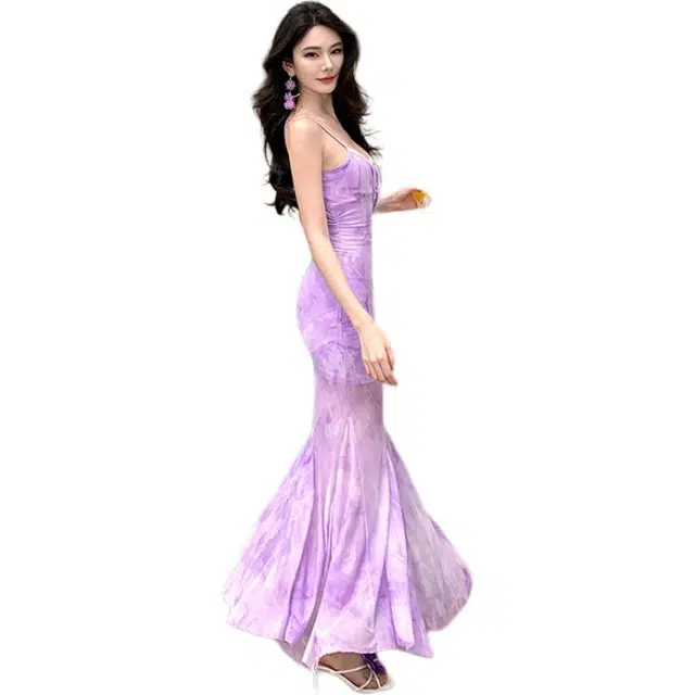 黛尔佳人 鱼尾网纱御姐长裙女韵调束腰显身材裹胸 吊带连衣裙  女款