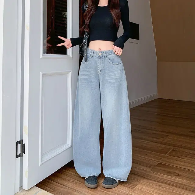 黛尔佳人 美式辣妹水洗裤女秋高腰宽松直筒阔腿长裤子牛仔裤 女款