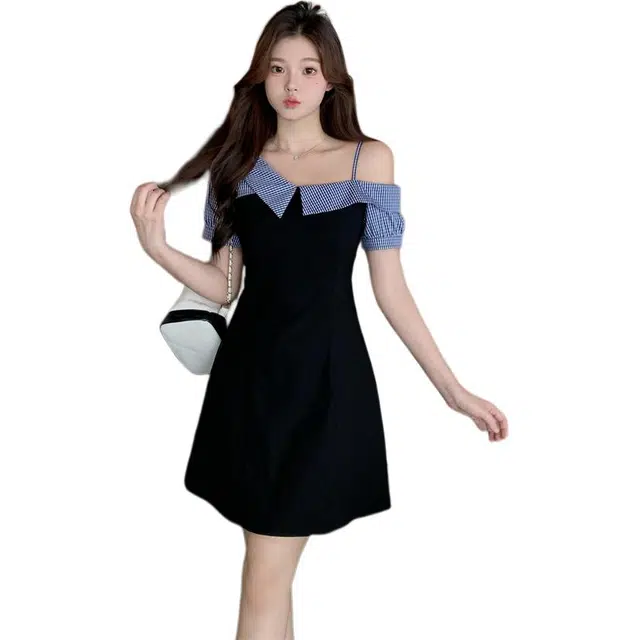 黛尔佳人 设计感拼接假两件洋气短袖连衣裙 女款