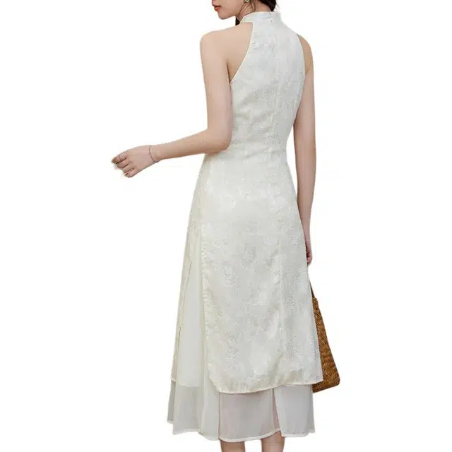 黛尔佳人 海边新疆度假穿搭新中式国风气质提花旗袍女春挂脖两件套无袖连衣裙 女款