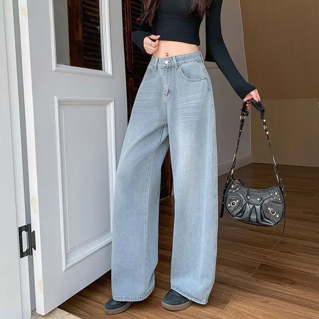 黛尔佳人 美式辣妹水洗裤女秋高腰宽松直筒阔腿长裤子牛仔裤 女款
