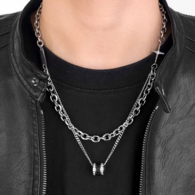 阿葱饰品 欧美嘻哈潮流转运珠双层叠戴拼接古巴链 中性风简约百搭轻奢设计颈饰 痞帅甜酷气质高级精致通勤#好运 钛钢 项链 男女同款情侣款