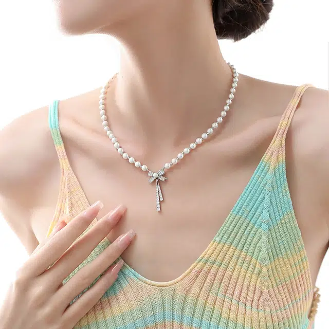 阿葱饰品 珍珠蝴蝶结 法式甜美优雅可爱 精致轻奢小众设计时尚百搭显白锁骨链高级感#好运 合金 项链 女款