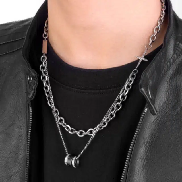 阿葱饰品 欧美嘻哈潮流转运珠双层叠戴拼接古巴链 中性风简约百搭轻奢设计颈饰 痞帅甜酷气质高级精致通勤#好运 钛钢 项链 男女同款情侣款