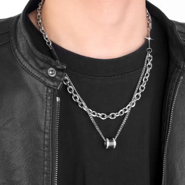 阿葱饰品 欧美嘻哈潮流转运珠双层叠戴拼接古巴链 中性风简约百搭轻奢设计颈饰 痞帅甜酷气质高级精致通勤#好运 钛钢 项链 男女同款情侣款
