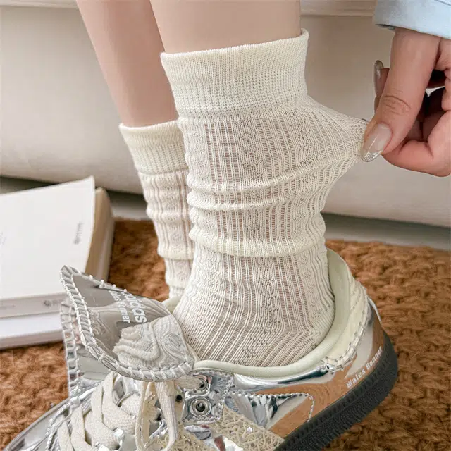轻迎 无骨缝头芭蕾风镂空薄款蕾丝堆堆中筒袜 男女同款 组合装